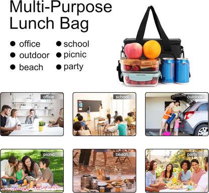 Femuar Reusable Lunch Box for Men/Women - Insulated Lunch Bag Leakproof Lunchbox for Work Office Picnic Beach - Freezable Lunch Cooler Bag with Adjustable Shoulder Strap - Black
