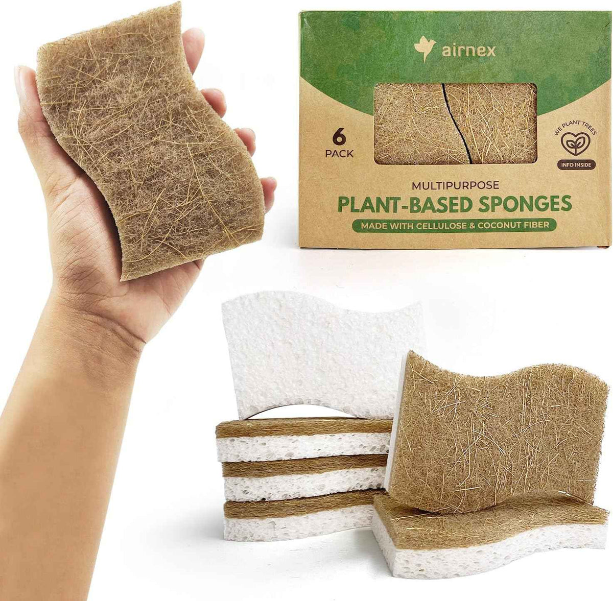 Biodegradable Natural Kitchen Sponge - Compostable Cellulose and Coconut Walnut Scrubber Sponge (12 Pack)