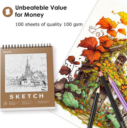 iBayam 9x12 Sketchbook, Spiral Bound Sketch Book for Kids, Teens Adults Artists Beginners, Drawing Supplies Art Supplies,100 Sheets (68lb/100gsm) Premium Drawing Pad for Sketching Writing Painting