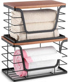 ALOCEO 2 Pack Storage Stackable Kitchen Laundry Organizers with Bamboo Top, Large Trash Bag Holder and Small Garbage Bag Dispenser for Countertop Organization