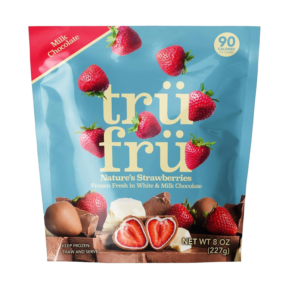 trufru natures strawberries hyper-chilled white milk chocolate 8 ounce bag