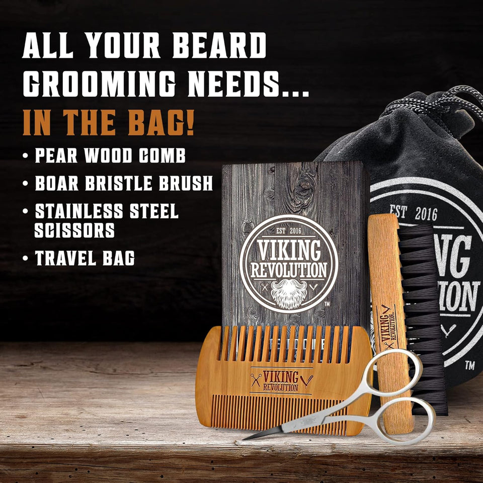 viking revolution natural boar bristle beard brush and pear wood comb set with velvet travel pouch