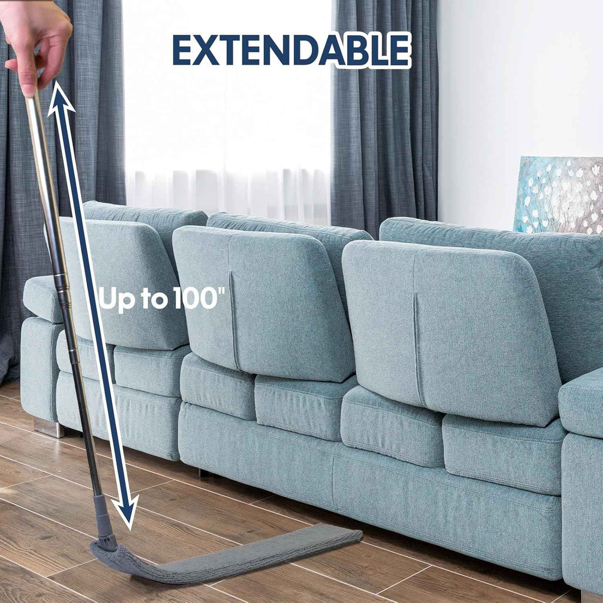 Retractable gap dust cleaner with extension pole and 3 microfiber cloths for under refrigerator, furniture, and appliance cleaning