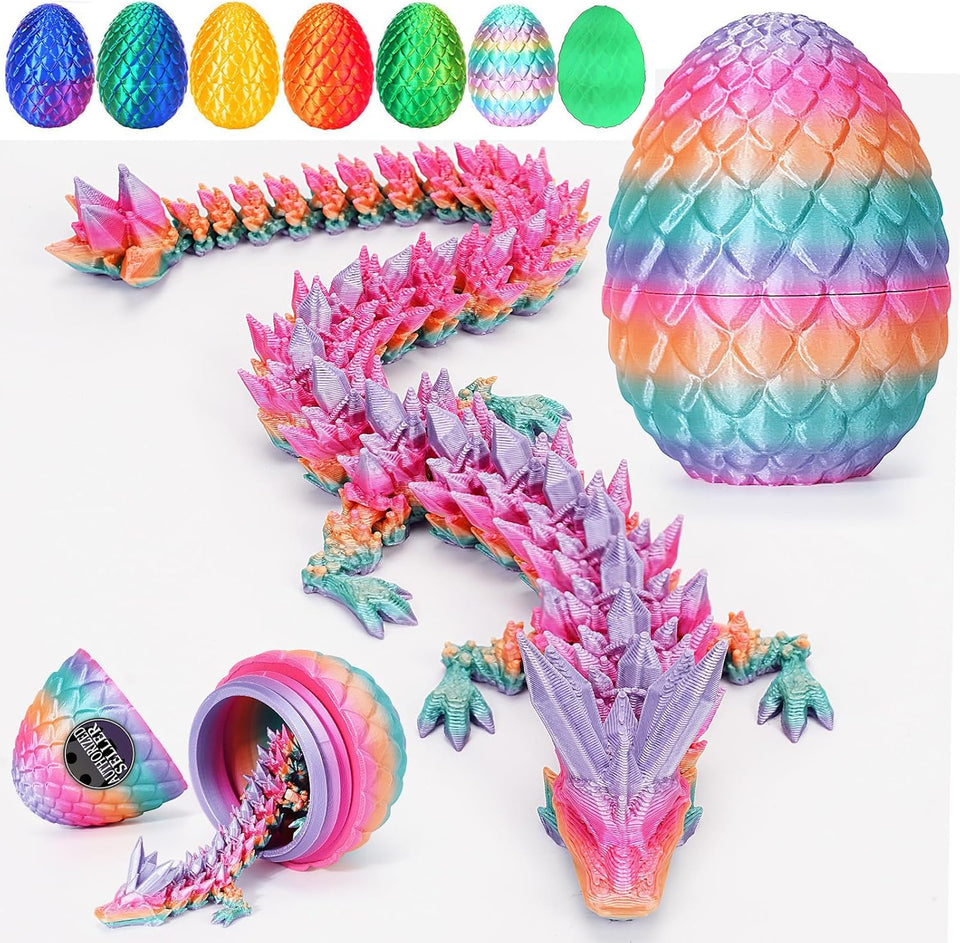 12 inch 3d printed dragon easter egg with fall protection and reinforced joints, eco-friendly fidget toy in rainbow color
