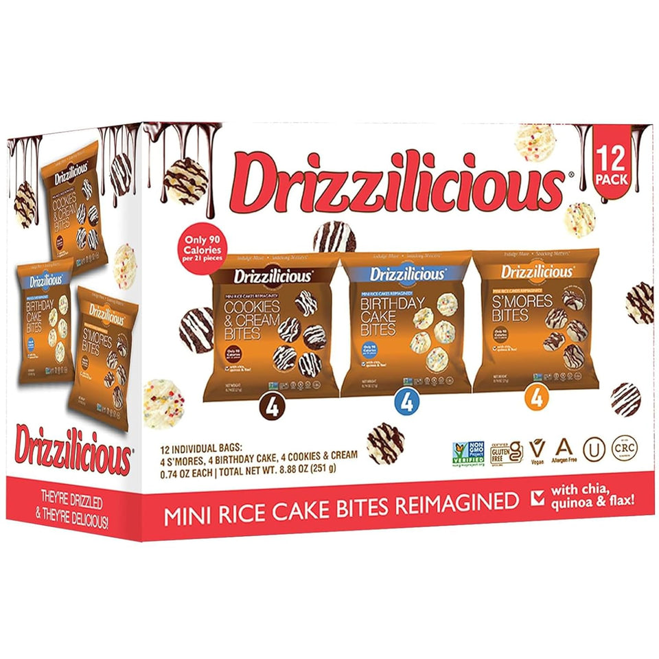 drizzilicious mini rice cakes variety pack, gluten free, vegan, low calorie, perfect snack for adults and kids, 0.74 oz, 12 pack