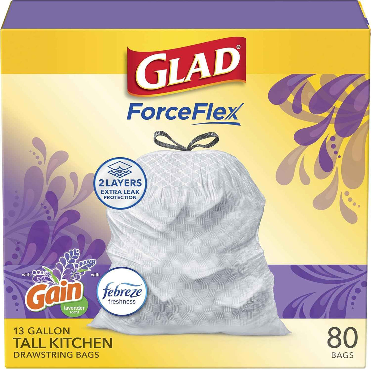 Glad ForceFlex Tall Kitchen Drawstring Trash Bags, 13 Gal, Gain Lavender, 80 Ct (Package May Vary)