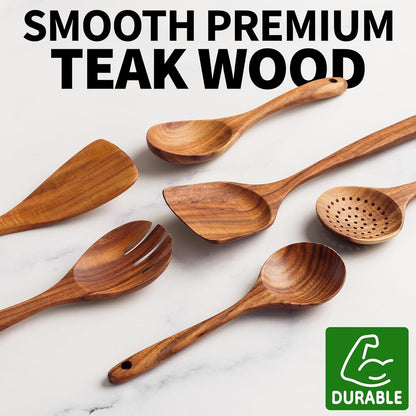 Zulay Kitchen 6-Piece Wooden Spoons for Cooking - Smooth Finish Teak Wood Utensils - Soft Comfort-Grip Cooking Wood Spoons Non-Stick Teak Easy to Clean Utensils Heat Resistant Non-Scratch Spoon Sets