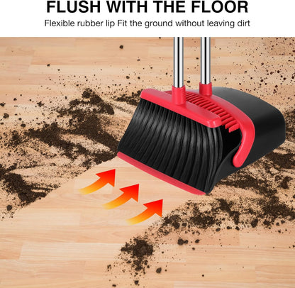 NACENA Broom and Dustpan Set, 52-in Long Adjustable Handle Broom Dustpan Combo with Dustpan Teeth to Automatically Clean Hair Suitable for Home Kitchen Office Hall Floor（Black&Red）