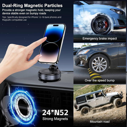 Vacuum Magnetic Suction Phone Holder, Foldable and Retractable Hands-Free Suction Cup Phone Mount for Car/Gym/Mirror/Smooth Surface, Compatible with iPhone Android and All Smartphones (Black)