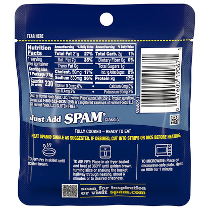 SPAM Classic Single 9 Grams Protein 2.5 oz Pouches 12 Pack