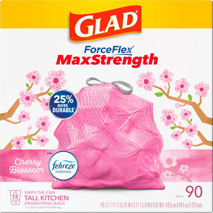 Glad Tall Kitchen Trash Bags 13 Gallon, MaxStrength Cherry Blossom Garbage Bags, Drawstring, 90 Count - Rayz Mart