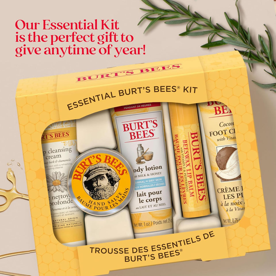 Burt's Bees essentials set with deep cleansing cream, hand salve, body lotion, foot cream, and lip balm - travel size
