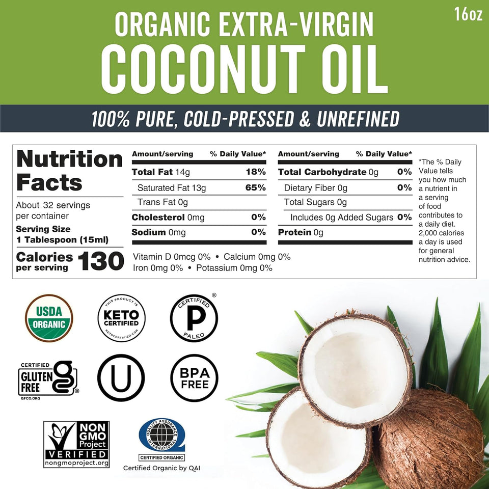 Viva Naturals Organic Coconut Oil, 16 fl oz, Unrefined, Cold-Pressed Extra Virgin, USDA Organic & Non-GMO