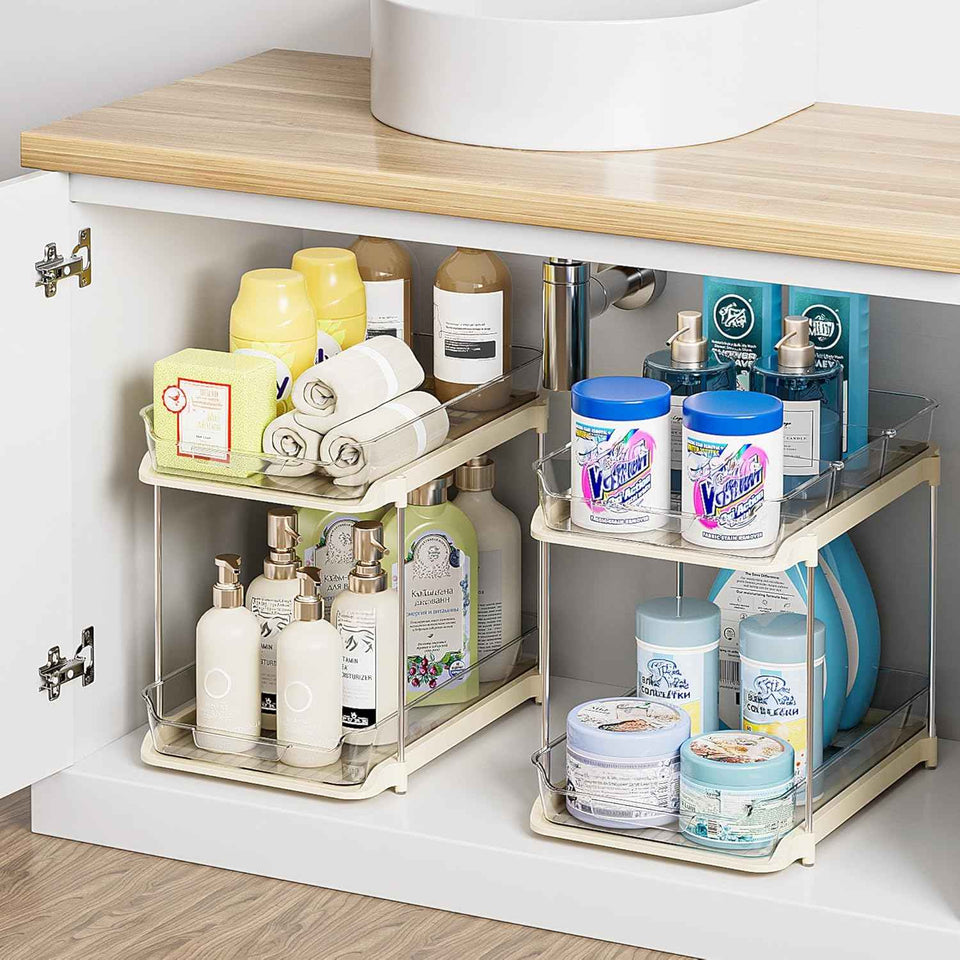 Delamu 2-Tier Multi-Purpose Bathroom Under Sink Organizers and Storage, Stackable Kitchen Pantry Organization, Pull Out Medicine Cabinet Organizer with Movable Dividers, White, 2 Pack