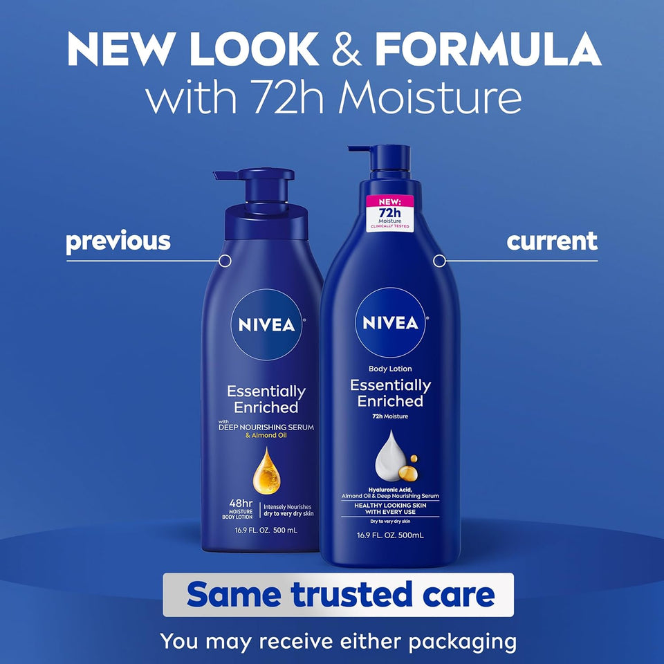 nivea essentially enriched body lotion for dry skin with hyaluronic acid, 16.9 fl oz, pack of 2