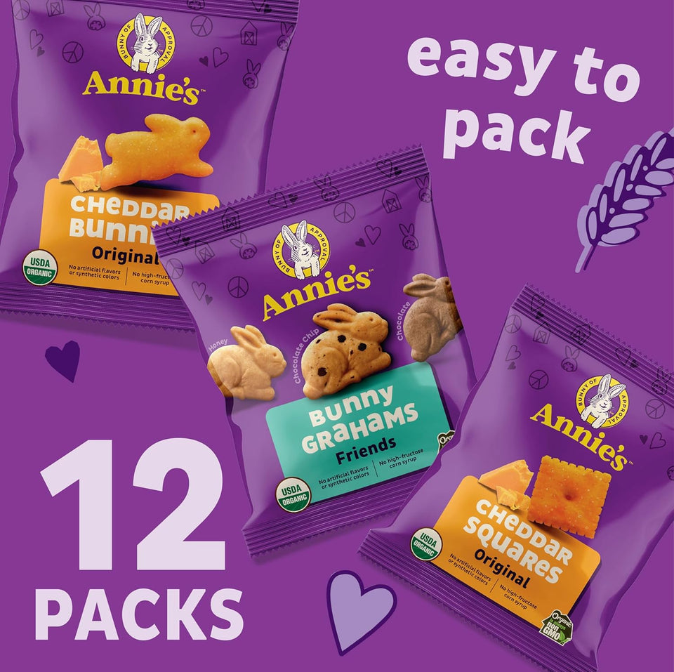 Annie's Organic Variety Pack, 12 Pouches, 11 oz, Cheddar Bunnies, Bunny Grahams and Cheddar Squares
