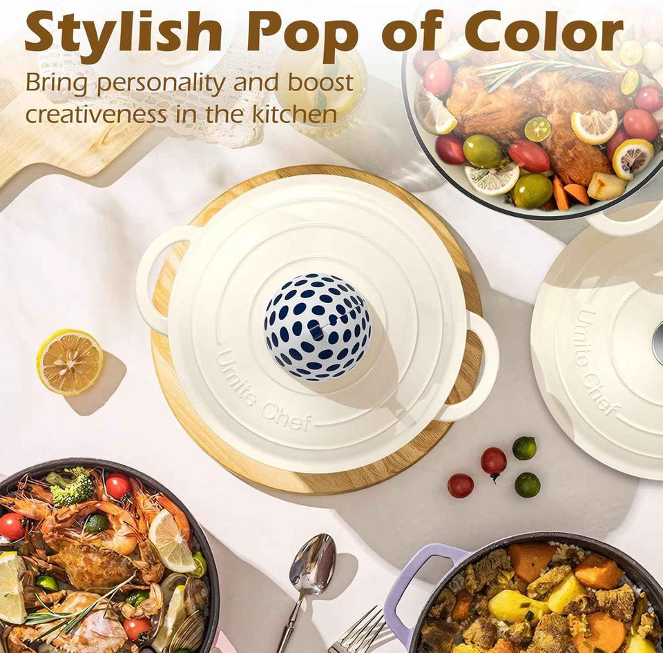 Enameled Cast Iron Dutch Oven - Umite Chef 5QT Pot with Lid & Cotton Potholders - Heavy-Duty Cookware for Bread Baking, Braising, Stews, Roasting(Cream White)