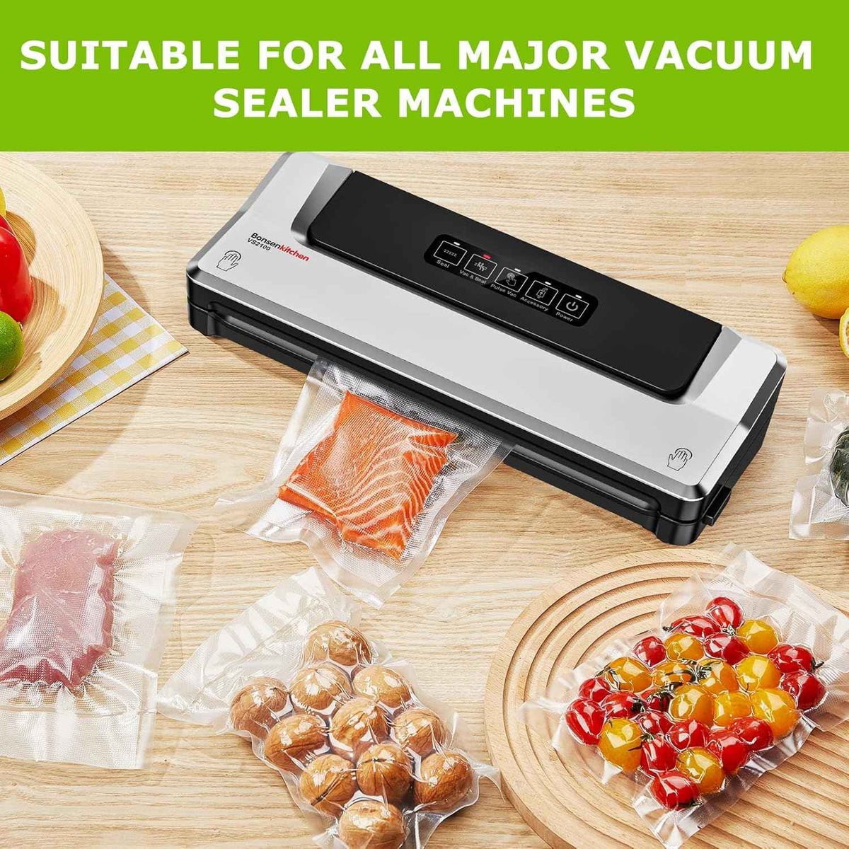 Bonsenkitchen Vacuum Sealer Bags, 50 Quart 8" x 12" Precut Food Sealer Bags, Commercial Grade, BPA Free, Heavy Duty, Customized Size Vacuum Bags for Vac Storage, Meal Prep or Sous Vide Cooking, VB12