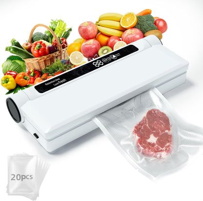 Food Vacuum Sealer Machine, 75KPA Strong Suction, Dry/Wet Modes, 20 Vacuum Seal Bags for Food, Digital Countdown Timer, Compact Lightweight, Ideal for Home Kitchen Use