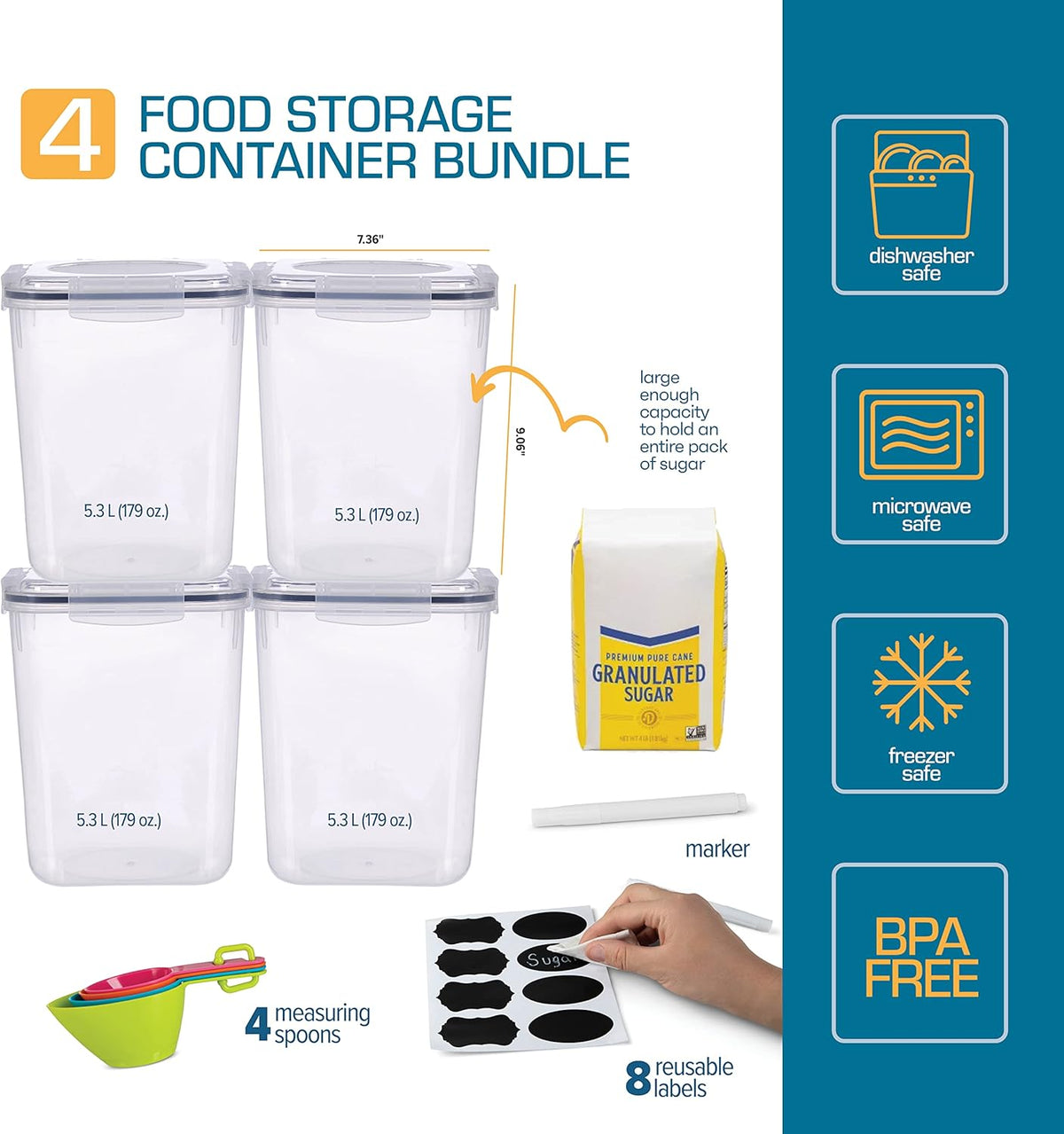 Flour Sugar Storage Containers (5.3L/4pk) Great Rice Canisters Sets For The Kitchen pantry, Large Food Storage Containers With Lids Airtight