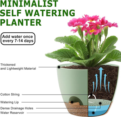 Plant Pots 10/9/8/7.5/7 Inch Self Watering Pots, Set of 5 Plastic Planters with Drainage Holes and Saucers,Plastic Flower Pots,Nursery Planting Pot for Indoor Out Door Plants（Green）