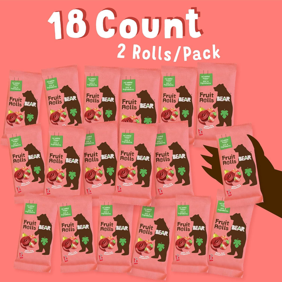 BEAR Real Fruit Snack Rolls - Gluten Free, Vegan, and Non-GMO, 0.7 Ounce, 36 Rolls, Strawberry, Healthy Snacks for Kids and Adults