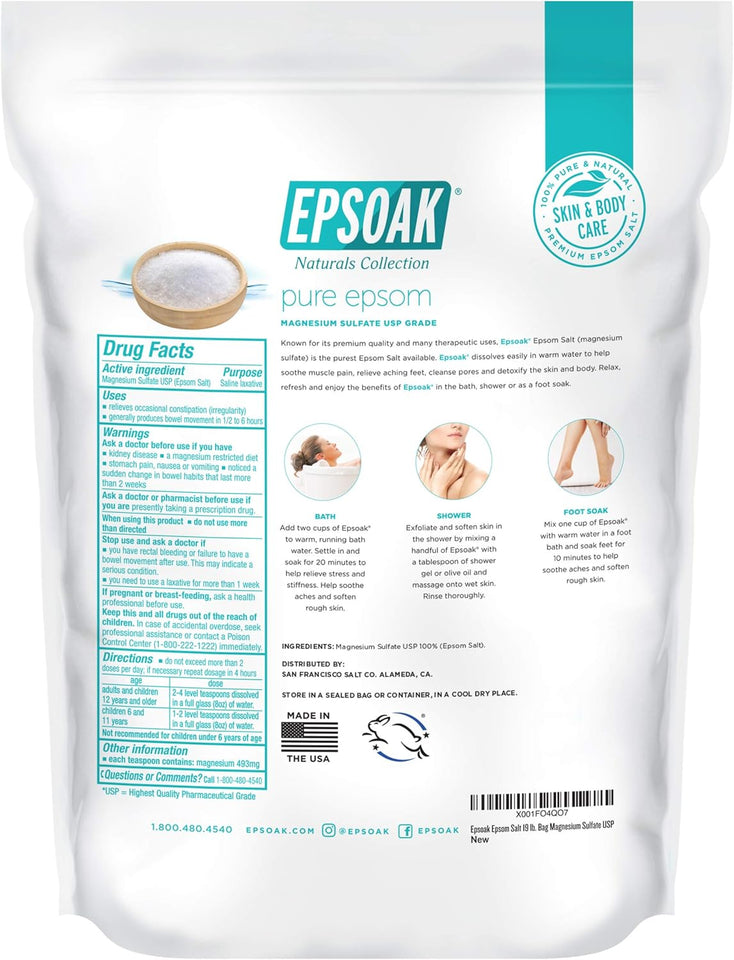 epsoak 19 lb. unscented usp-grade magnesium sulfate bulk bags cruelty-free certified made in usa