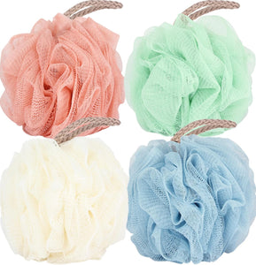 Fu Store 4-pack loofah sponge shower bath scrubbers with mesh balls in 4 colors, 50g each, for body exfoliation