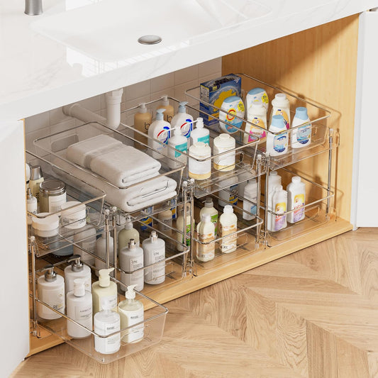 Vtopmart 4 Pack Bathroom Organizer, 2 Tier Clear Under Sink Organizers Vanity Countertop Storage Container,Cabinet Drawers Bins, Pull-Out Organization with Track for Pantry, Kitchen
