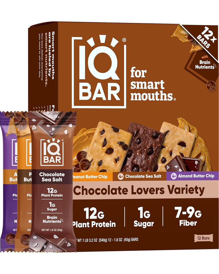 iqbar chocolate lovers variety 12-count keto vegan high fiber gluten free dairy free snack bars with nutrients for focus energy