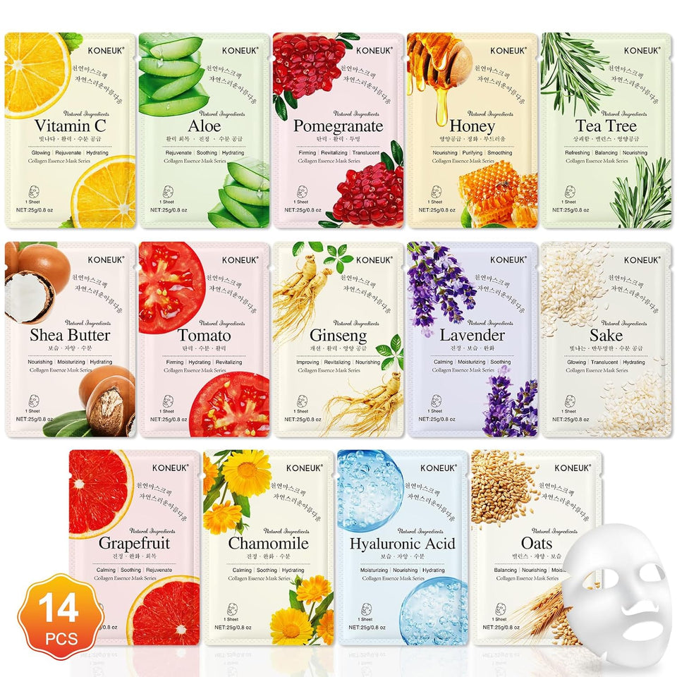 14 pack sheet face masks for dry skin, hydrating bulk facial mask set for women's skincare, gift face spa
