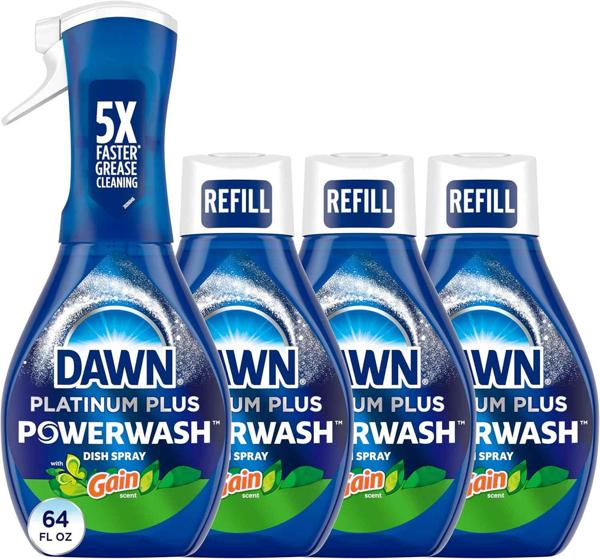 Dawn Powerwash Gain Original Dish Spray, Liquid Dish Soap, Dish Soap Refill, , 1 Starter Kit + 3 Refills, 64 Fl Oz Total (16 fl oz/bottle)