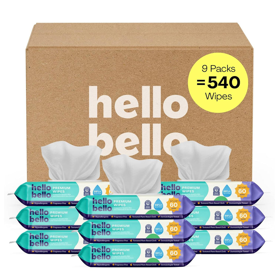 hello bello premium fragrance-free baby wipes with chamomile aloe extracts for sensitive skin, 12 resealable packs of 60ct each