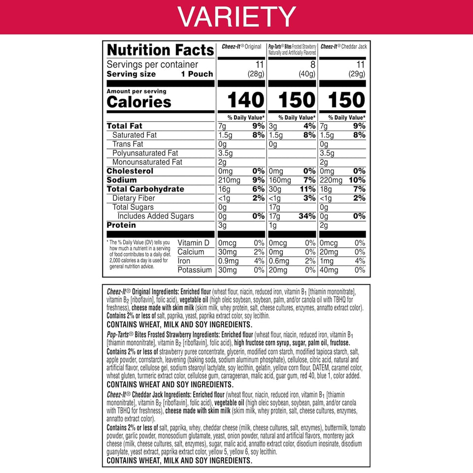 Cheez-It and Pop-Tarts snacks variety pack, 30 count, 33.42oz box, wheat, milk, and soy ingredients