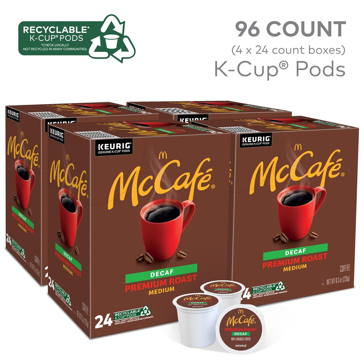 McCafe Premium Roast Decaf Coffee, Single Serve Keurig K-Cup Pods, Decaffeinated, 96 Count