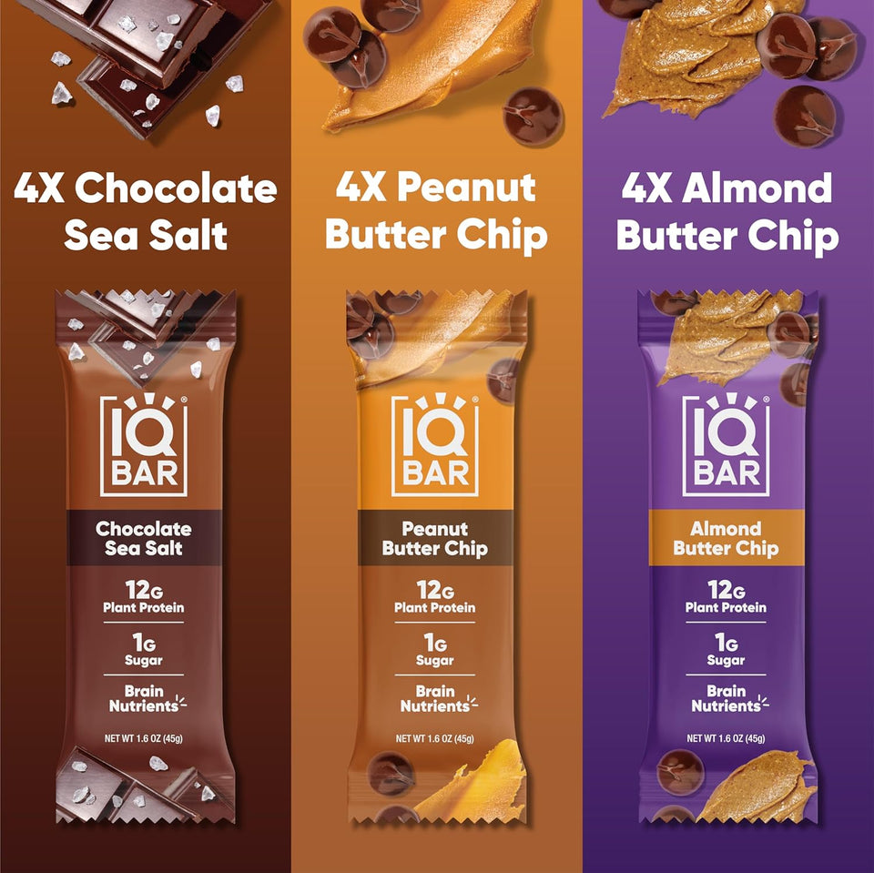 iqbar chocolate lovers variety 12-count keto vegan high fiber gluten free dairy free snack bars with nutrients for focus energy
