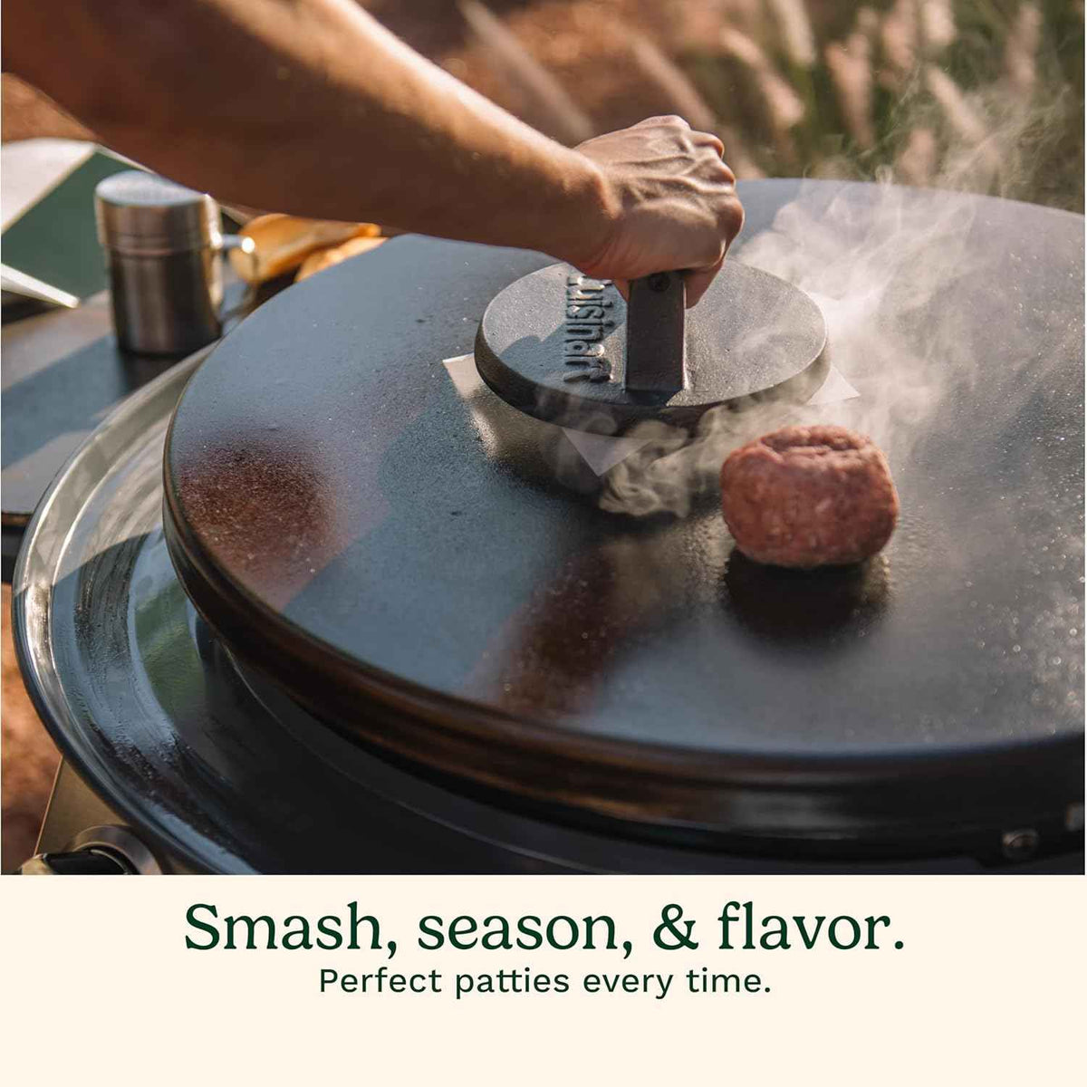 Cuisinart 6.5" Cast Iron Smashed Burger Press, Round Flat Edge Grill Press for Crispy Smash Burgers, Burger Tool for Grill and Griddle Accessories, for BBQs and Tailgates