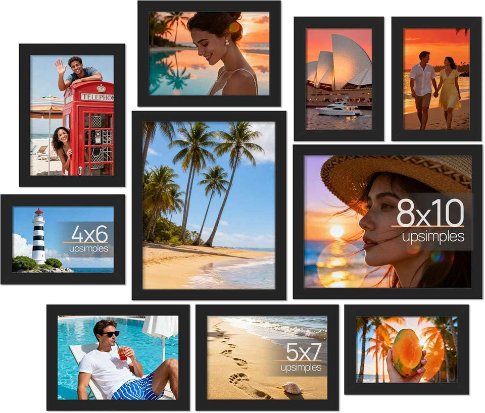 upsimples 10 Pack Picture Frames Collage Wall Decor for Mounting or Tabletop Display, Photo Gallery Frame Set for Family, Multi Sizes Including 8x10, 5x7, 4x6, Black
