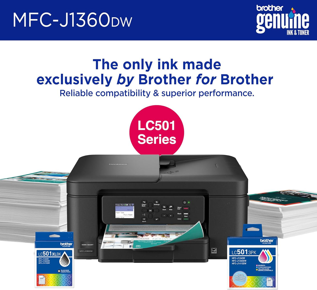 Brother Work Smart 1360 Wireless Color Inkjet All-in-One Printer with Automatic Duplex Printing and 1.8” Color Display | Includes Refresh Subscription Trial(1) (MFC-J1360DW) (Uses LC501 Series Inks)