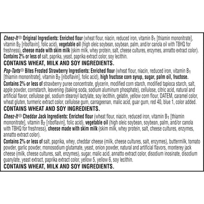 Cheez-It and Pop-Tarts snacks variety pack, 30 count, 33.42oz box, wheat, milk, and soy ingredients