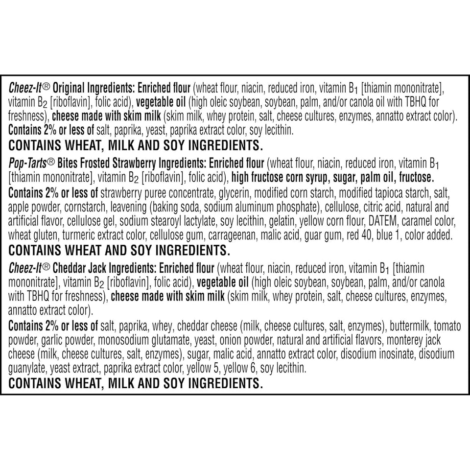 Cheez-It and Pop-Tarts snacks variety pack, 30 count, 33.42oz box, wheat, milk, and soy ingredients