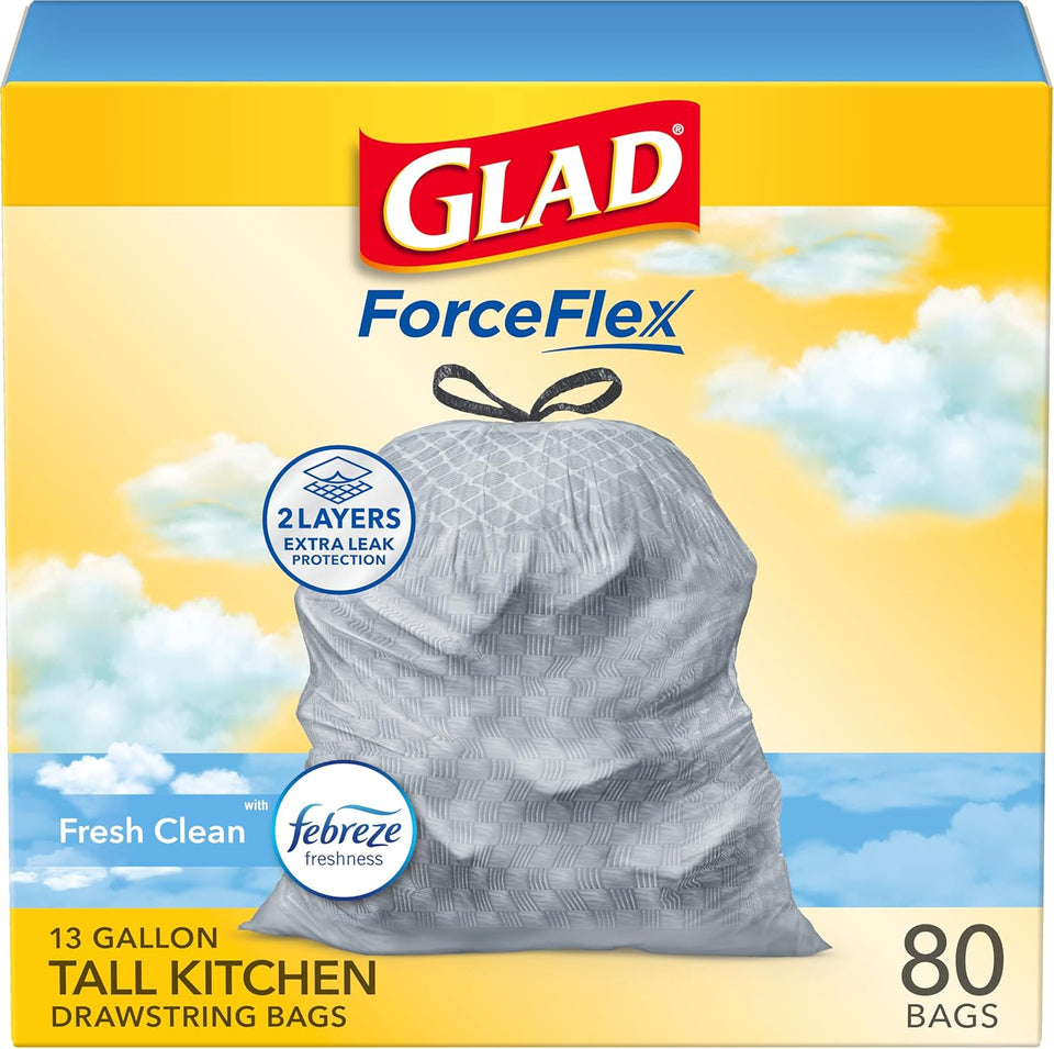 Glad ForceFlex Tall Kitchen Trash Bags, 13 Gallon, Gain Fresh Clean, 40 Count (Package May Vary) - Rayz Mart