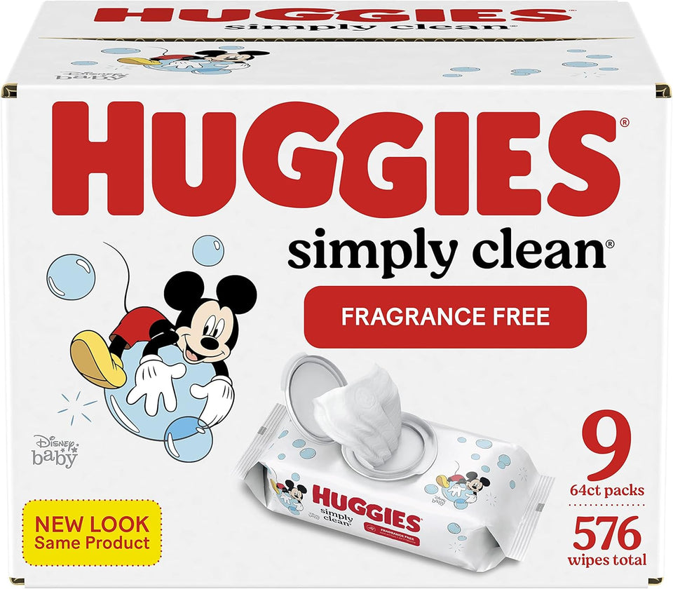 Huggies Simply Clean Unscented Baby Diaper Wipes, 3 flip-top packs, fragrance-free, 192 wipes total