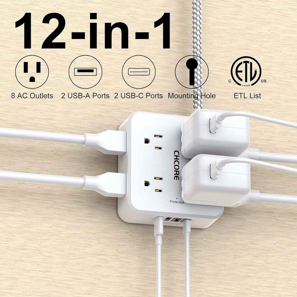 CHCORE 5Ft braided extension cord surge protector with 8 outlets and 4 usb charging ports, 2 usb c, flat plug, white