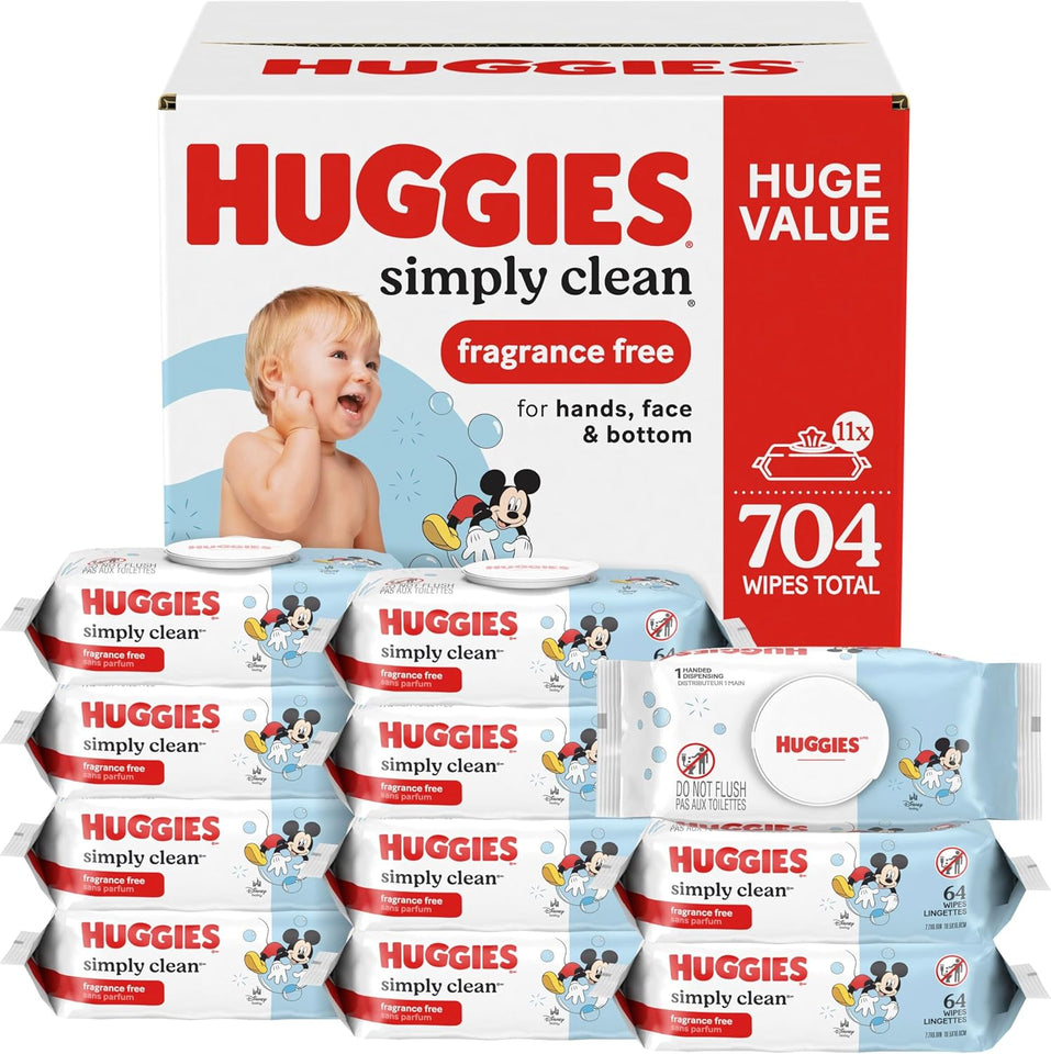 Huggies Simply Clean Unscented Baby Diaper Wipes, 3 flip-top packs, fragrance-free, 192 wipes total