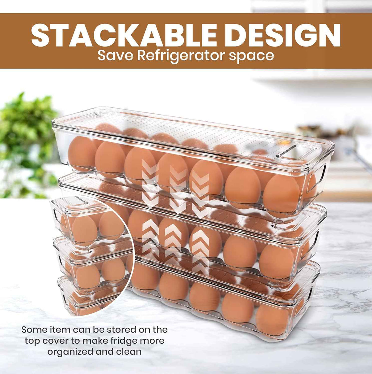 Utopia Home Egg Container With Lid and Handle for Refrigerator Organization- Pack of 2 - Clear Stackable Egg Holder for Kitchen or Pantry Organizers and Storage