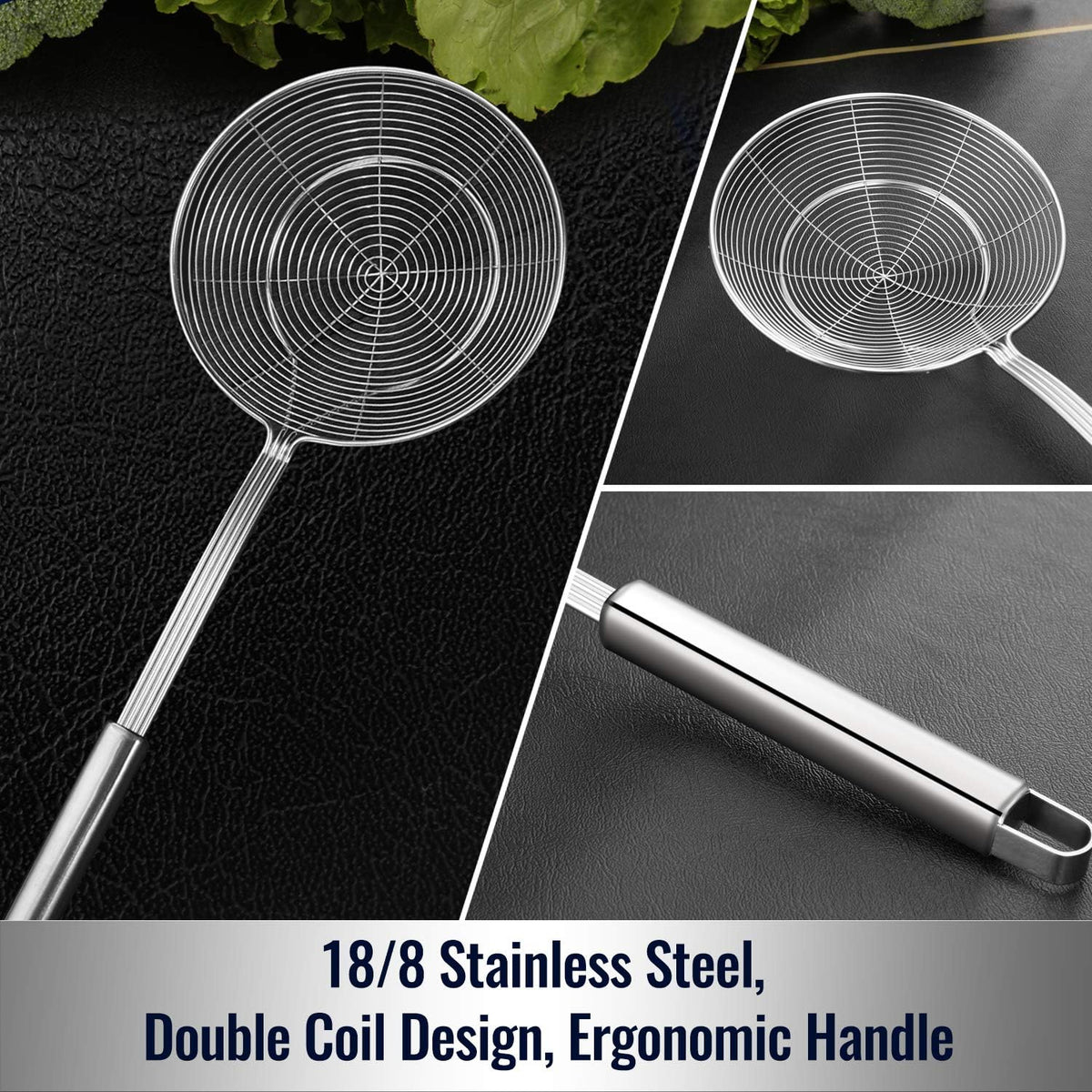 Hiware Solid Stainless Steel Spider Strainer Skimmer Ladle for Cooking and Frying, Kitchen Utensils Wire Strainer Pasta Spoon, 5.4 Inch