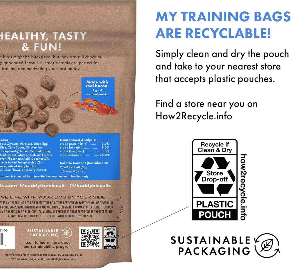 Buddy Biscuits Trainers 10 Oz. Pouch of Training Bites Soft & Chewy Dog Treats Made with Bacon Flavor