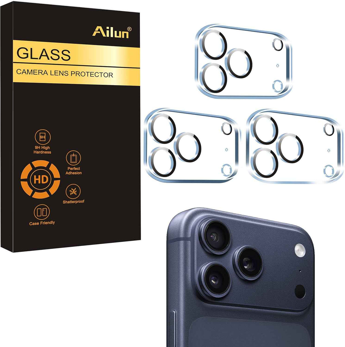 Ailun 3 Pack Camera Lens Protector for iPhone 16 Pro / 14 Pro & iPhone 16 Pro Max / 14 Pro Max,Tempered Glass,9H Hardness,Anti-Scratch,Case Friendly[Does not Affect Night Shots]