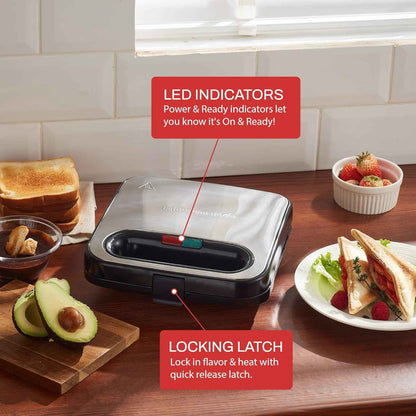 Elite Gourmet ESM2207XSS Sandwich Panini Maker Grilled Cheese, Machine Tuna Melt Omelets Non-stick Cooking Surface, 2 Slice, 750 Watts, Stainless Steel